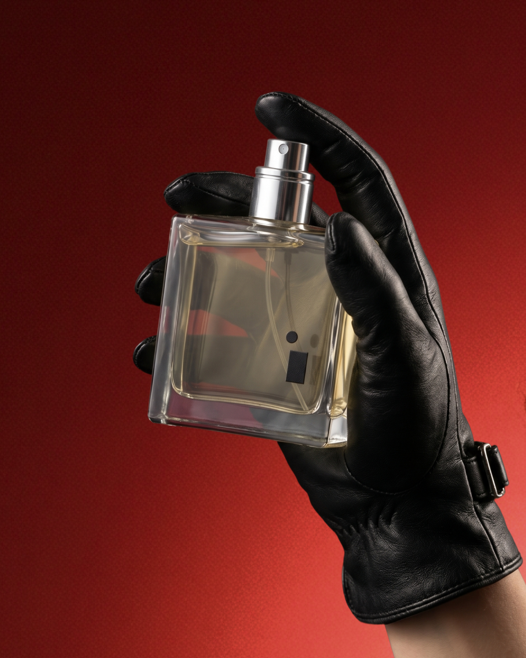 Illuminum London fragrance bottle held in black leather glove against deep red background