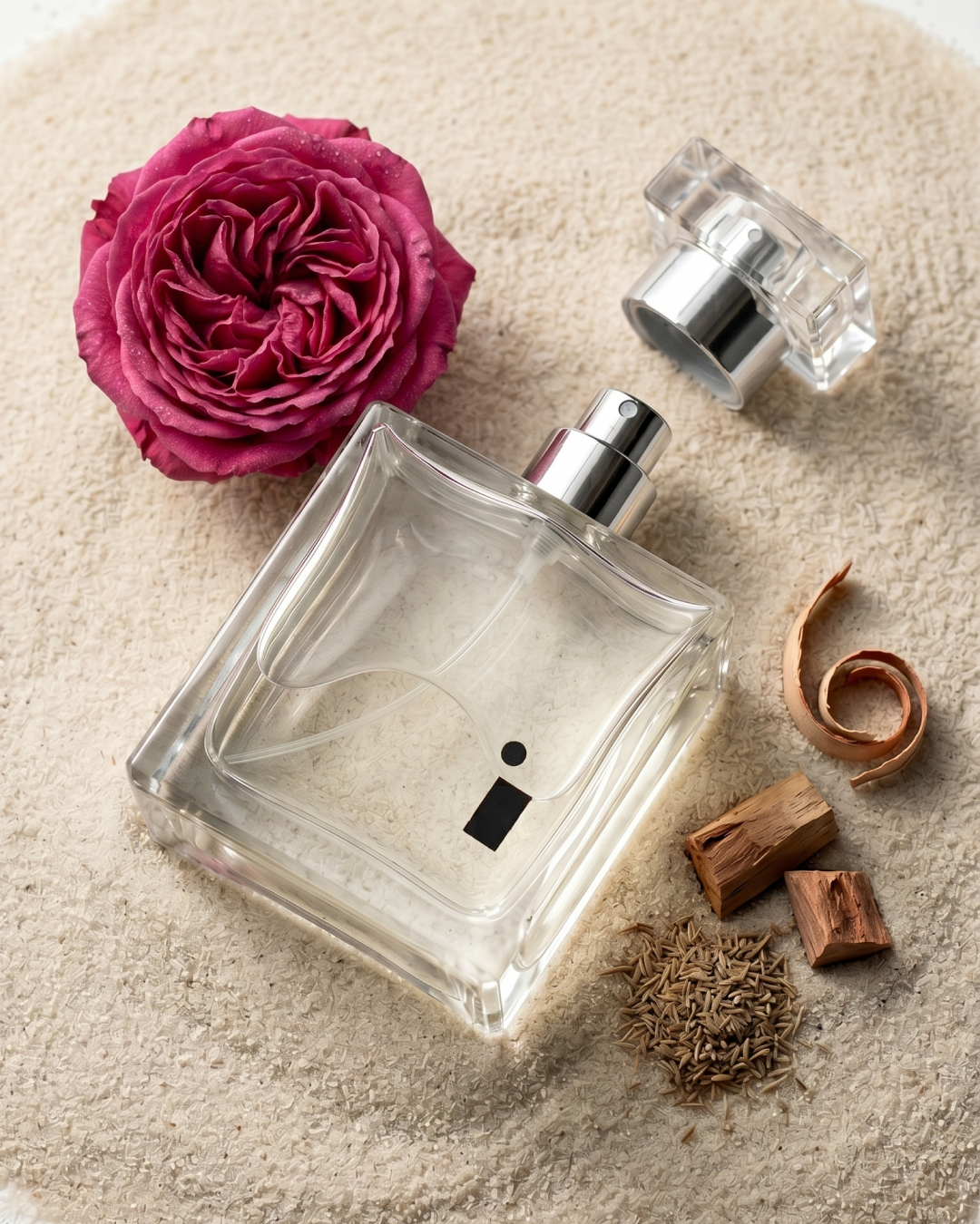 Taif Rose eau de parfum by Illuminum London — 100ml bottle with rose bloom, sandalwood chips and spices